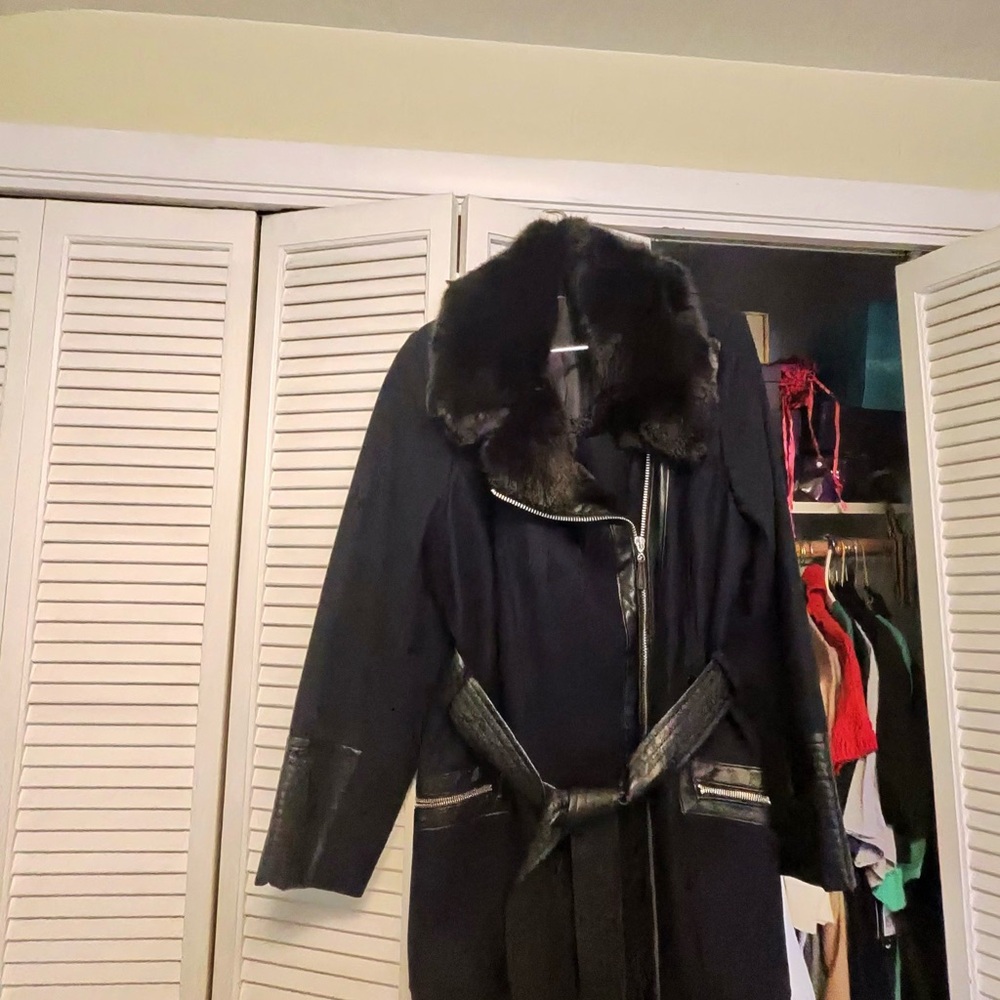 Via Spiga Navy Trench Coat with Fur Collar